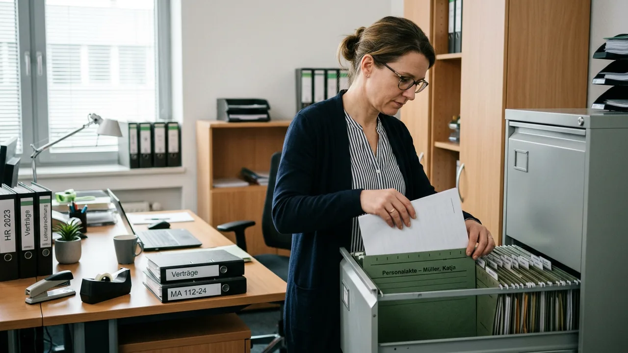 Eine Personalsachbearbeiterin legt ein Dokument in eine Personalakte im Aktenschrank.
