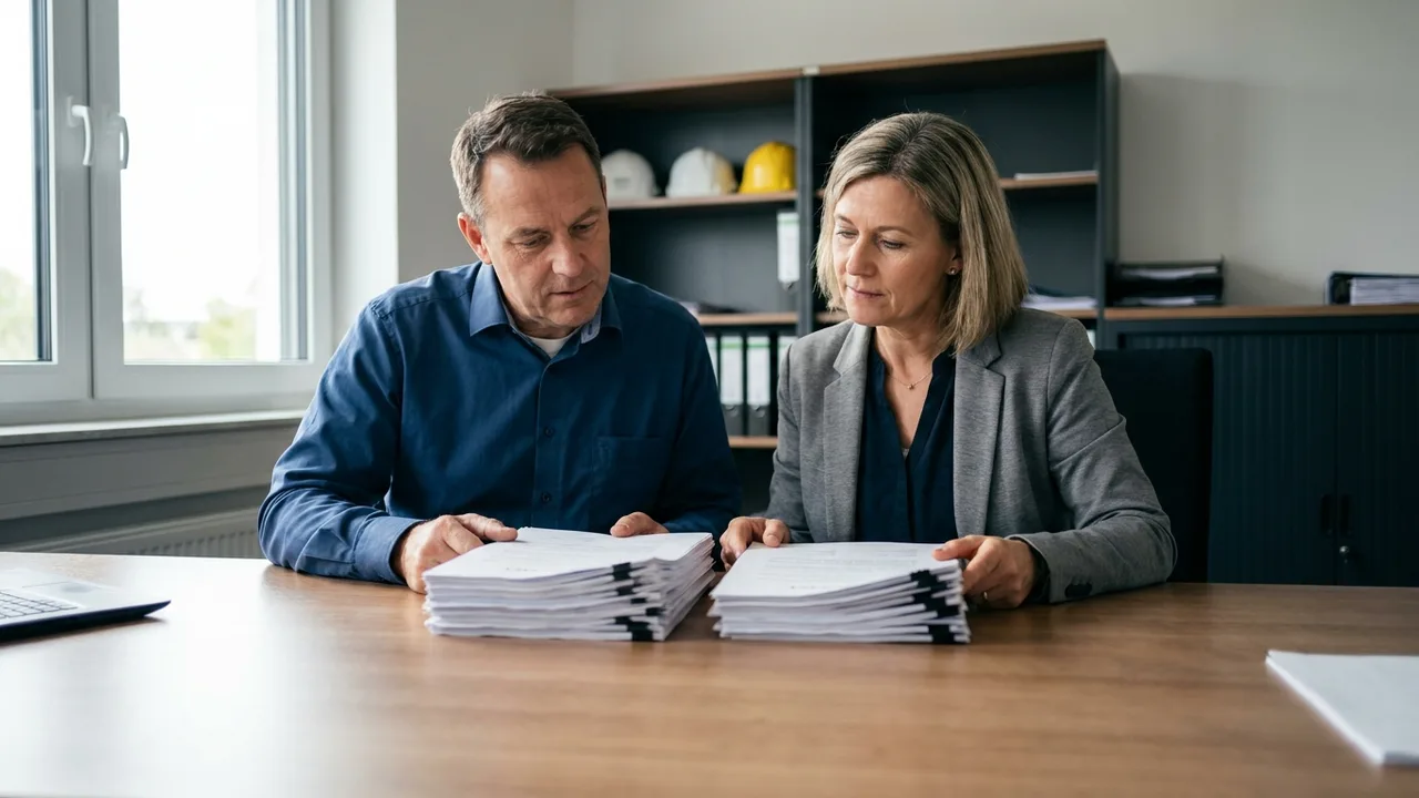 Einkäufer und Lieferant vergleichen zwei Vertragswerke nebeneinander