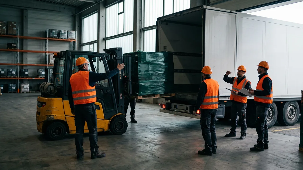 Gabelstapler verlädt Paletten an einer Laderampe auf einen Lkw