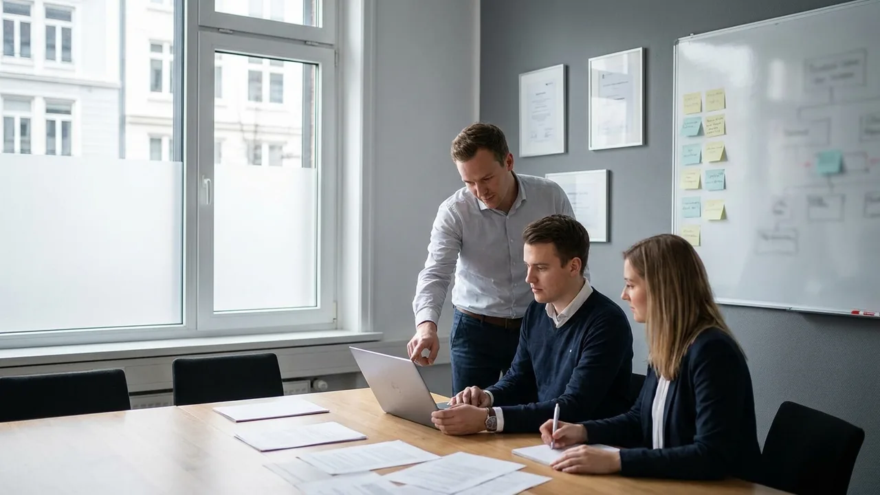 Team aktualisiert gemeinsam Vertragsdokumente im Besprechungsraum