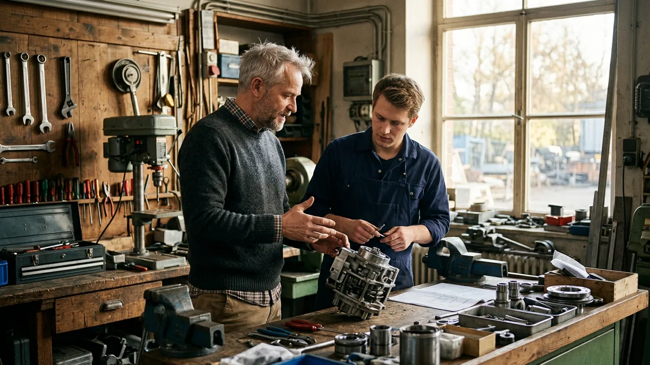 Ein älterer Mann zeigt einem jüngeren Kollegen in einer Werkstatt eine Arbeitstechnik an der Werkbank.