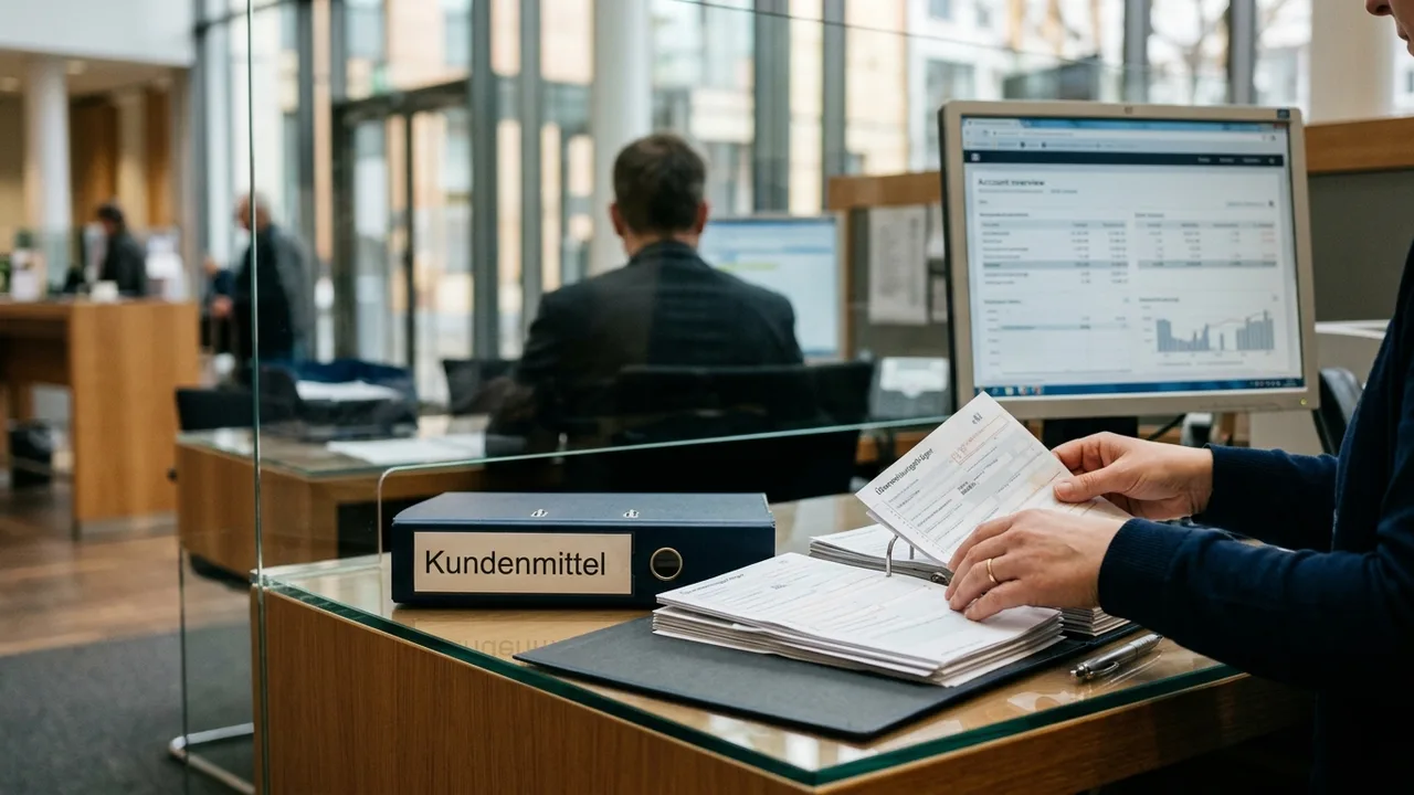 Hände sortieren Überweisungsbelege und Unterlagen an einem Bankschalter.