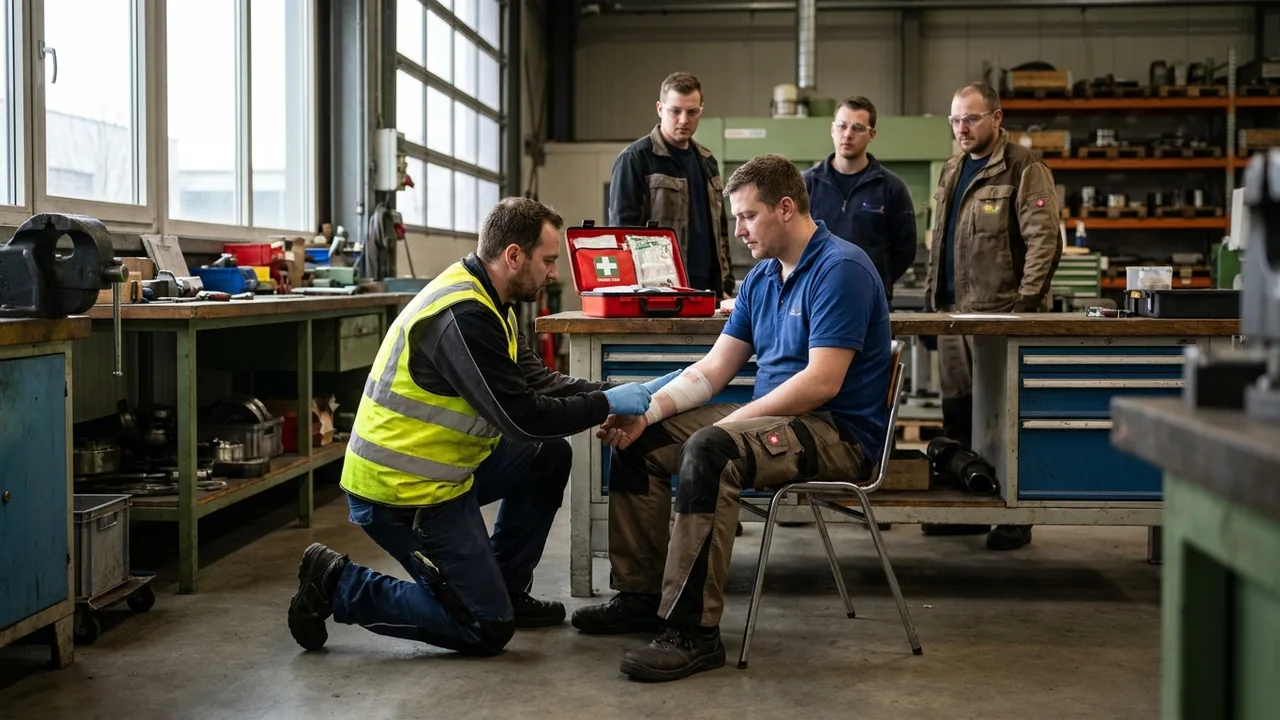 Ersthelfer versorgt einen verletzten Kollegen in einer Produktionshalle