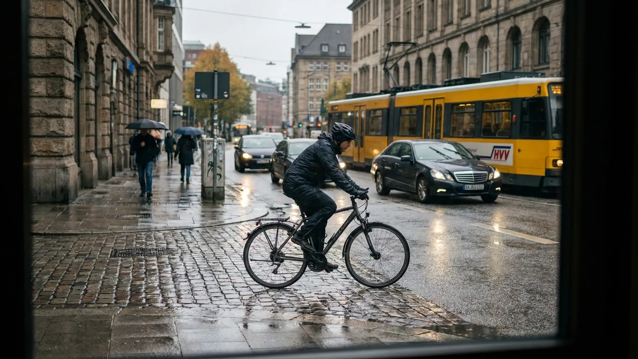 Radfahrer auf dem morgendlichen Arbeitsweg in einer deutschen Stadt