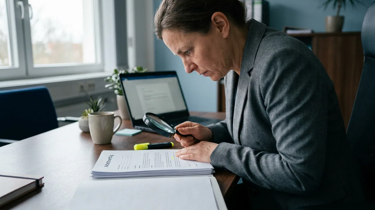 Person prüft einen mehrseitigen Arbeitsvertrag mit Textmarker am Schreibtisch
