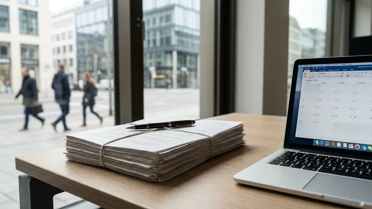 Vertragsstapel neben Laptop mit Kalenderansicht auf einem Schreibtisch