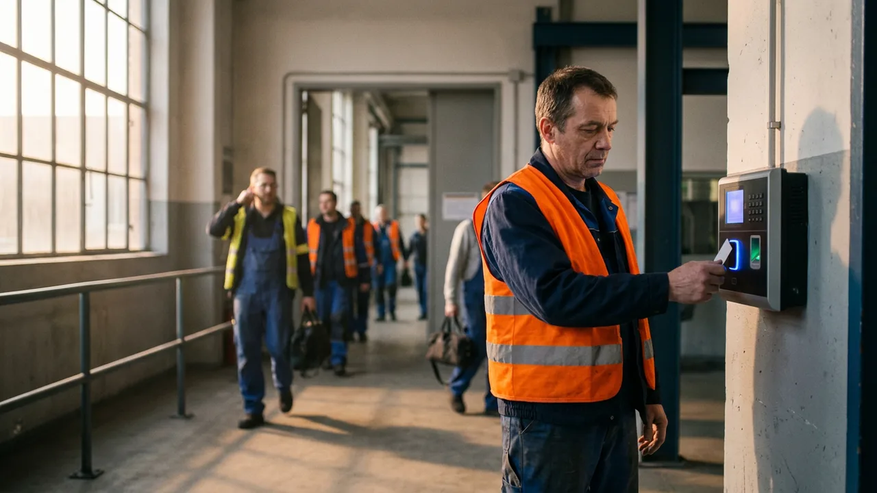 Ein Arbeiter scannt seinen Ausweis an einem digitalen Zeiterfassungsterminal am Werkseingang.