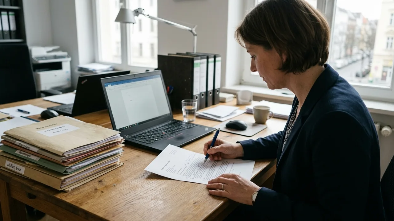 Personalerin liest ein ausgedrucktes Arbeitszeugnis an einem Schreibtisch und markiert Textstellen mit einem Stift.
