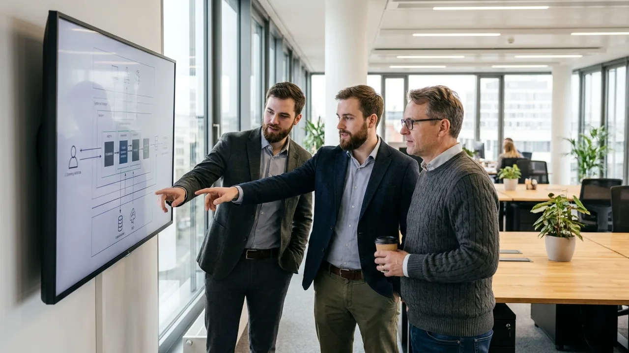IT-Berater erläutern einem Unternehmer eine Systemarchitektur an einem großen Bildschirm in einem Berliner Büro.