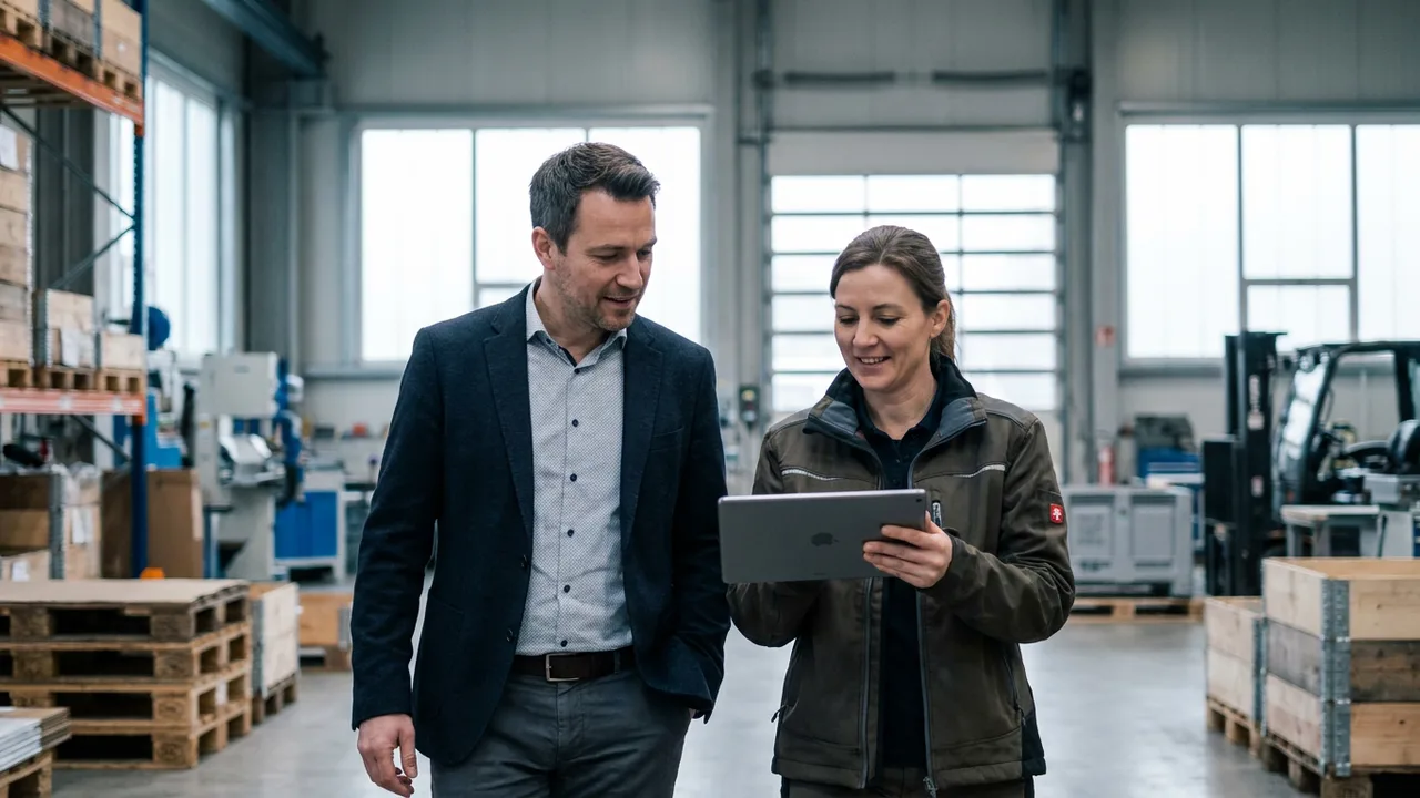 Berater und Lagerleiter prüfen digitale Arbeitsabläufe auf einem Tablet in einer Logistikhalle.