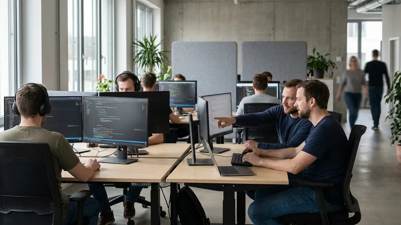 Softwareentwickler arbeiten an Arbeitsplätzen mit zwei Bildschirmen in einem modernen Großraumbüro.