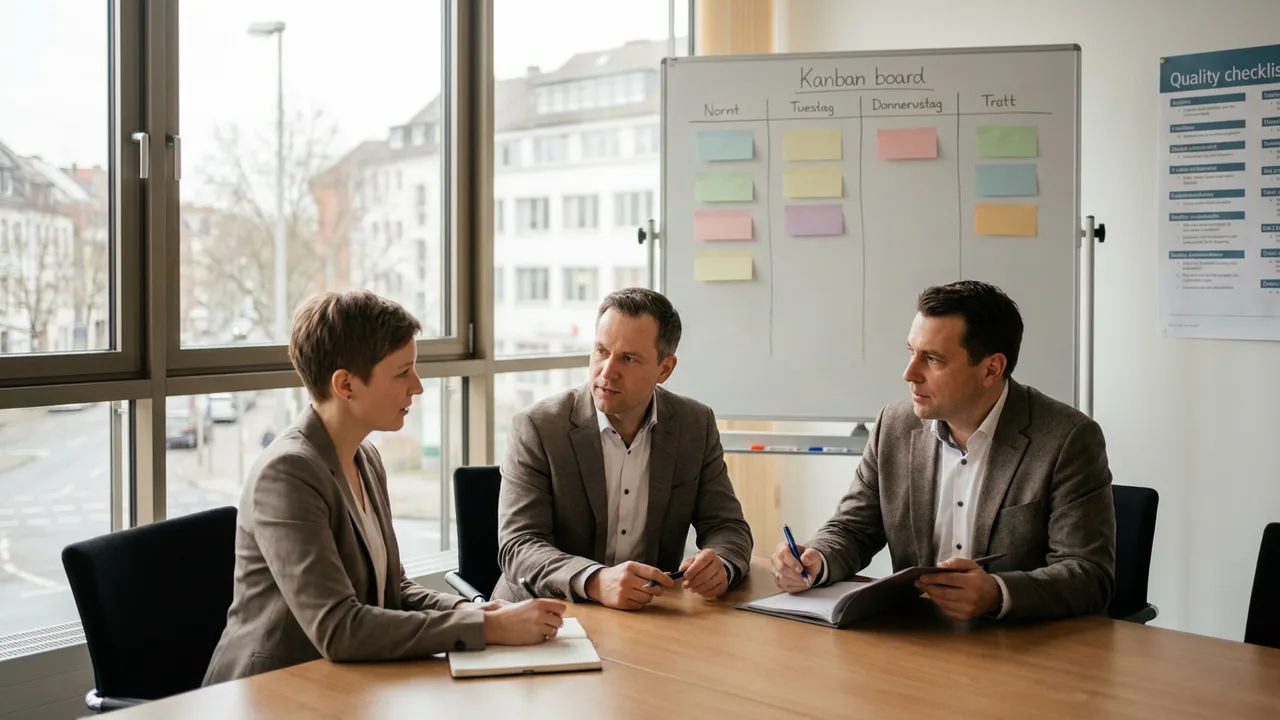 Projektteam bei einer strukturierten Review-Besprechung in einem Konferenzraum mit Kanban-Board im Hintergrund.