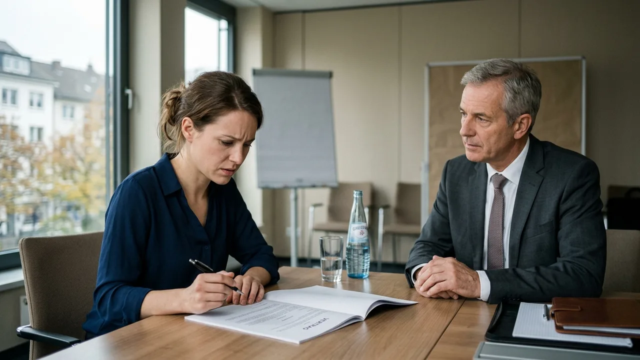 Angestellte zögert mit einem Kugelschreiber vor einem Vertragsdokument im Gespräch mit dem Personalleiter.