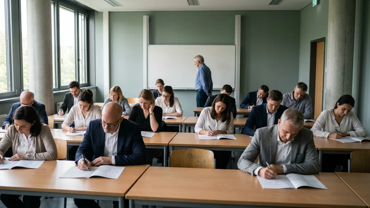 Teilnehmer legen die schriftliche Ausbildereignungsprüfung in einem Schulungsraum ab
