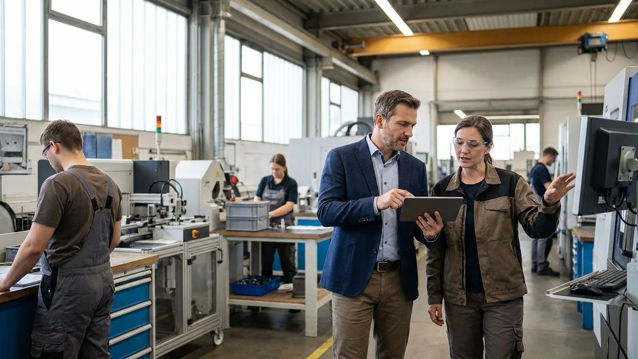 Kammerberater begeht mit dem Inhaber die Produktionsräume eines Betriebs