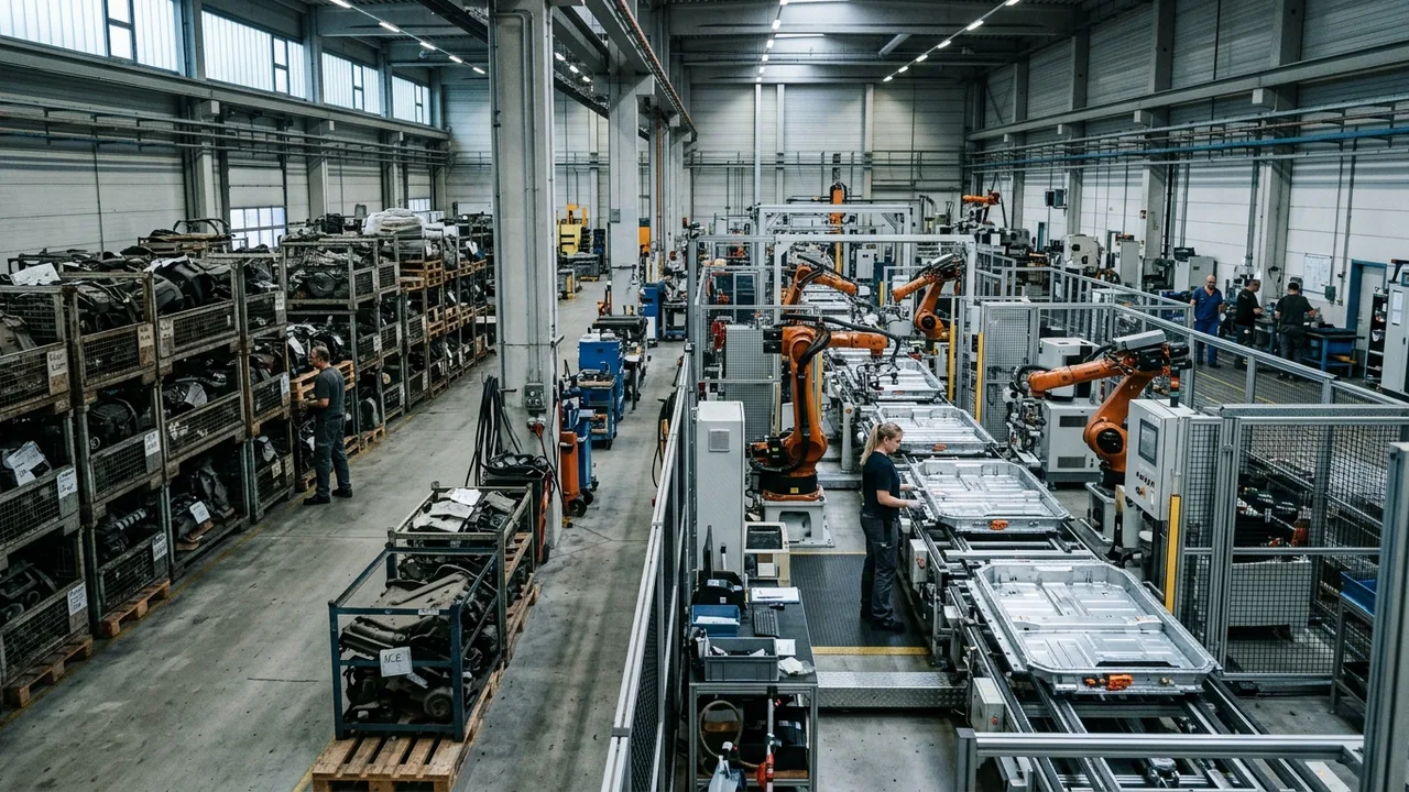 Roboterarme montieren Batteriewannen für Elektrofahrzeuge in einer Zulieferer-Fabrikhalle.