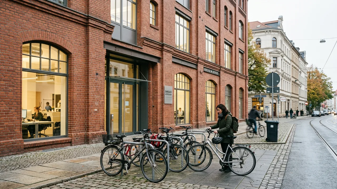 Umgebautes Backstein-Fabrikgebäude als moderner Bürostandort in einer deutschen Mittelstadt am Morgen.