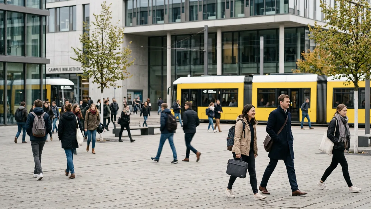 Studierende und Berufstätige überqueren einen Campusplatz, im Hintergrund fährt eine Straßenbahn vorbei.