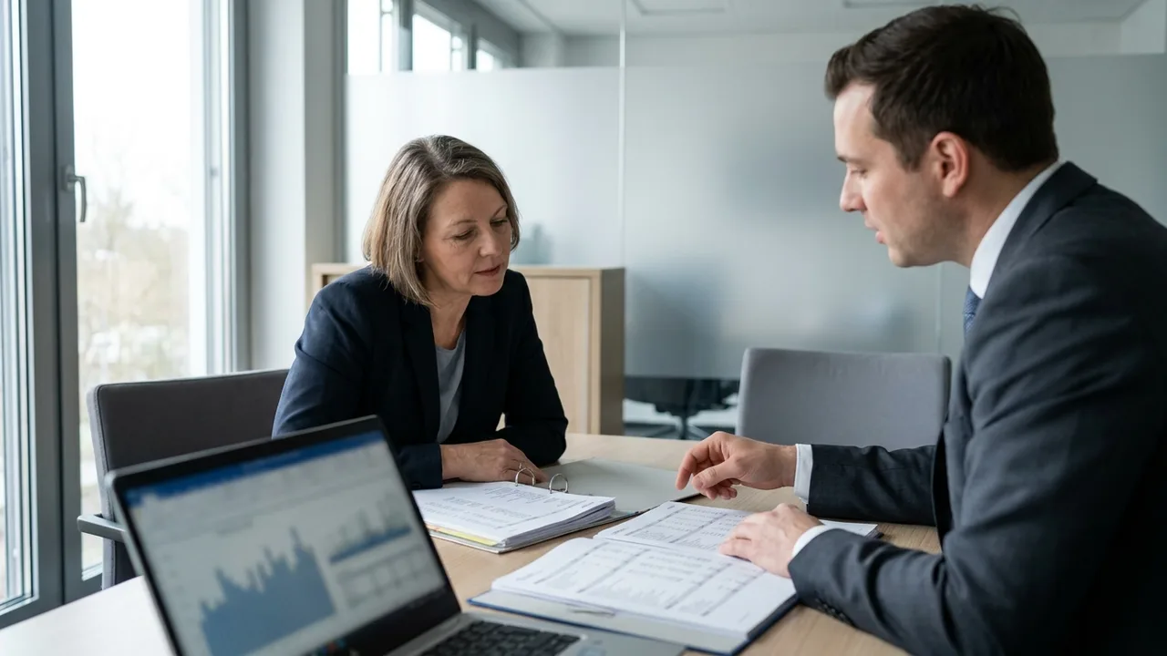 Unternehmer und Bankberaterin besprechen Finanzunterlagen in einem Besprechungsraum einer Bank.