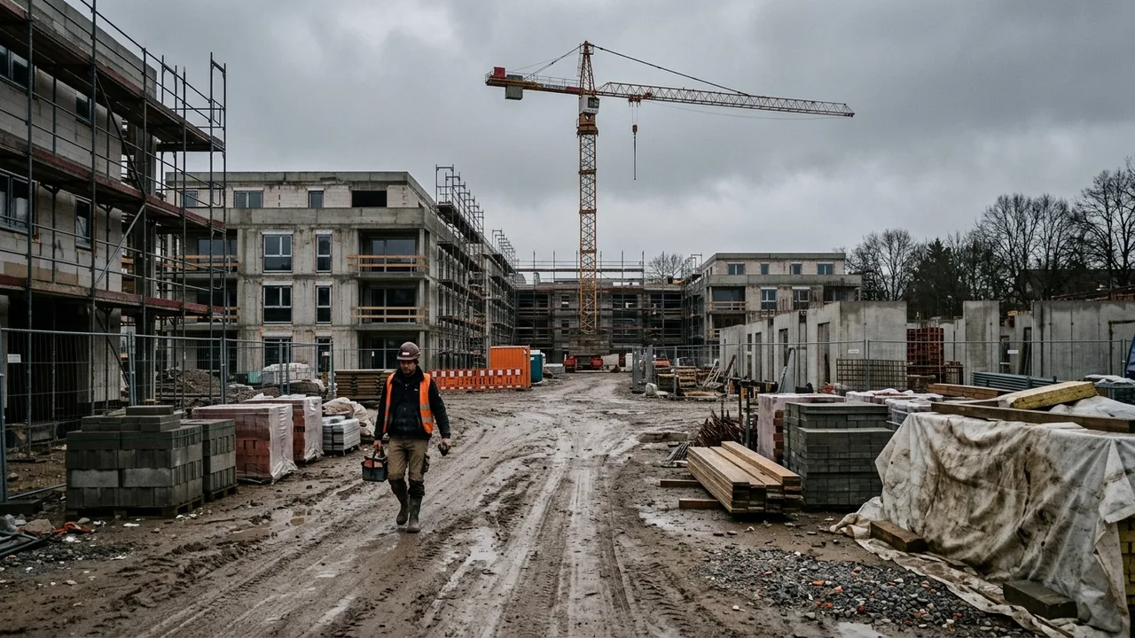 Eine halbfertige Neubaustelle mit stillstehendem Kran und ungenutzten Baumaterialien unter grauem Himmel.