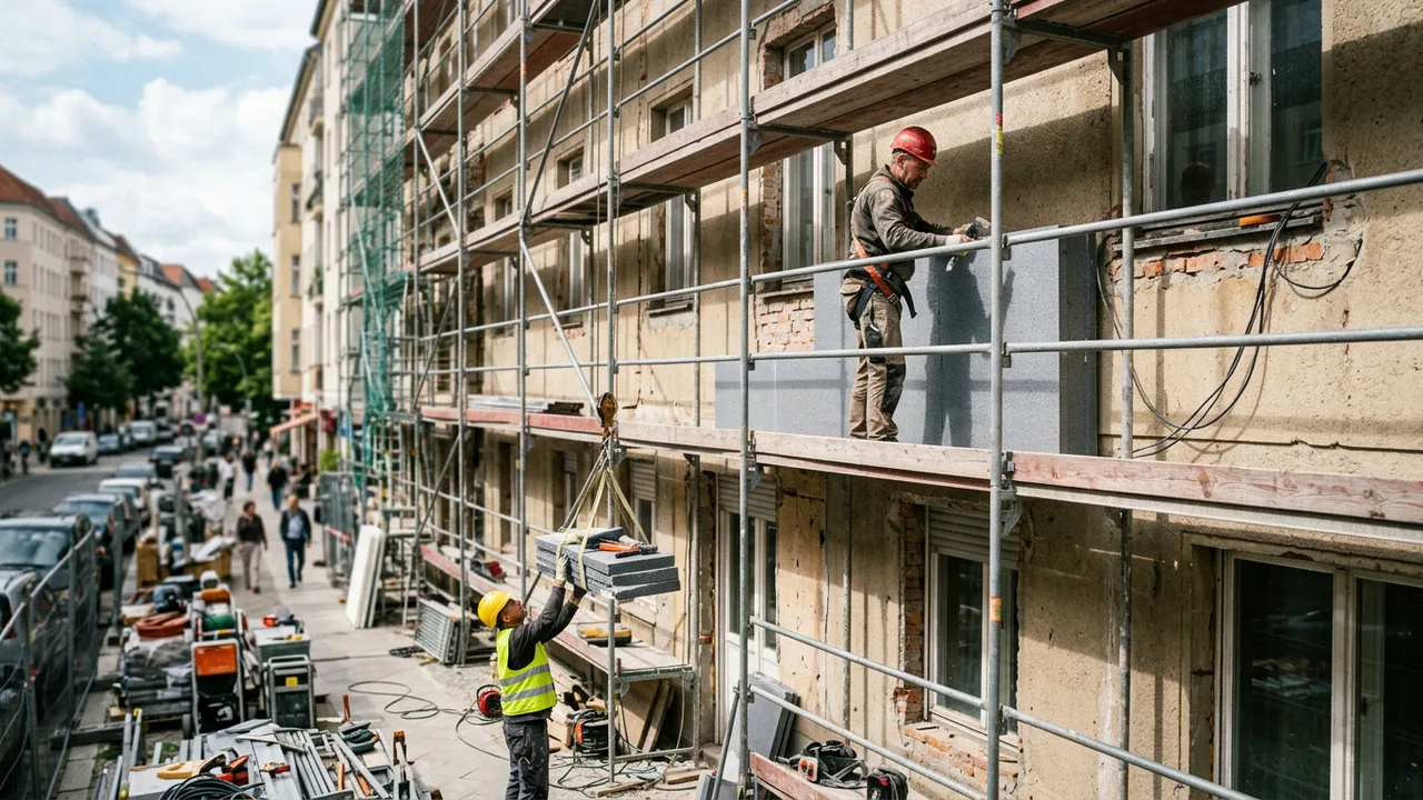 Bauarbeiter bringen an einem eingerüsteten Altbau Dämmplatten an der Fassade an.