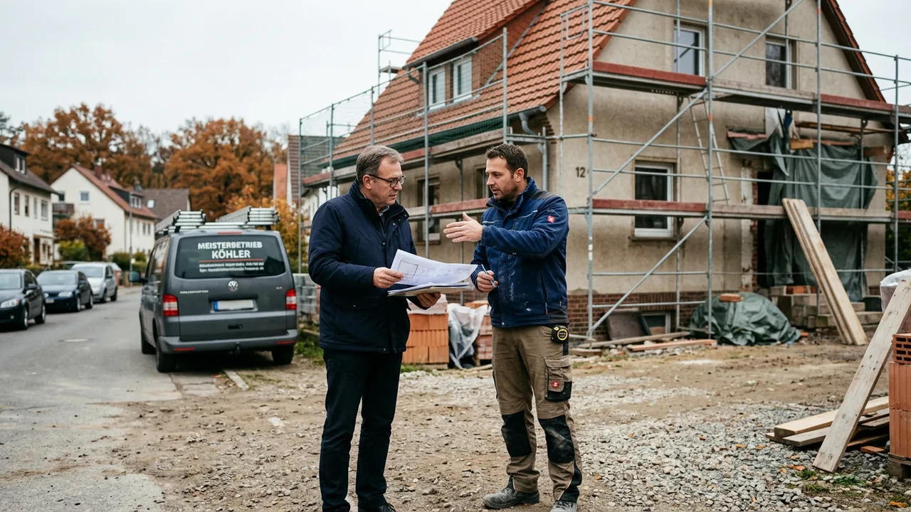 Bauherr und Handwerksmeister besprechen vor einem eingerüsteten Einfamilienhaus Baufortschritt und Rechnungsunterlagen