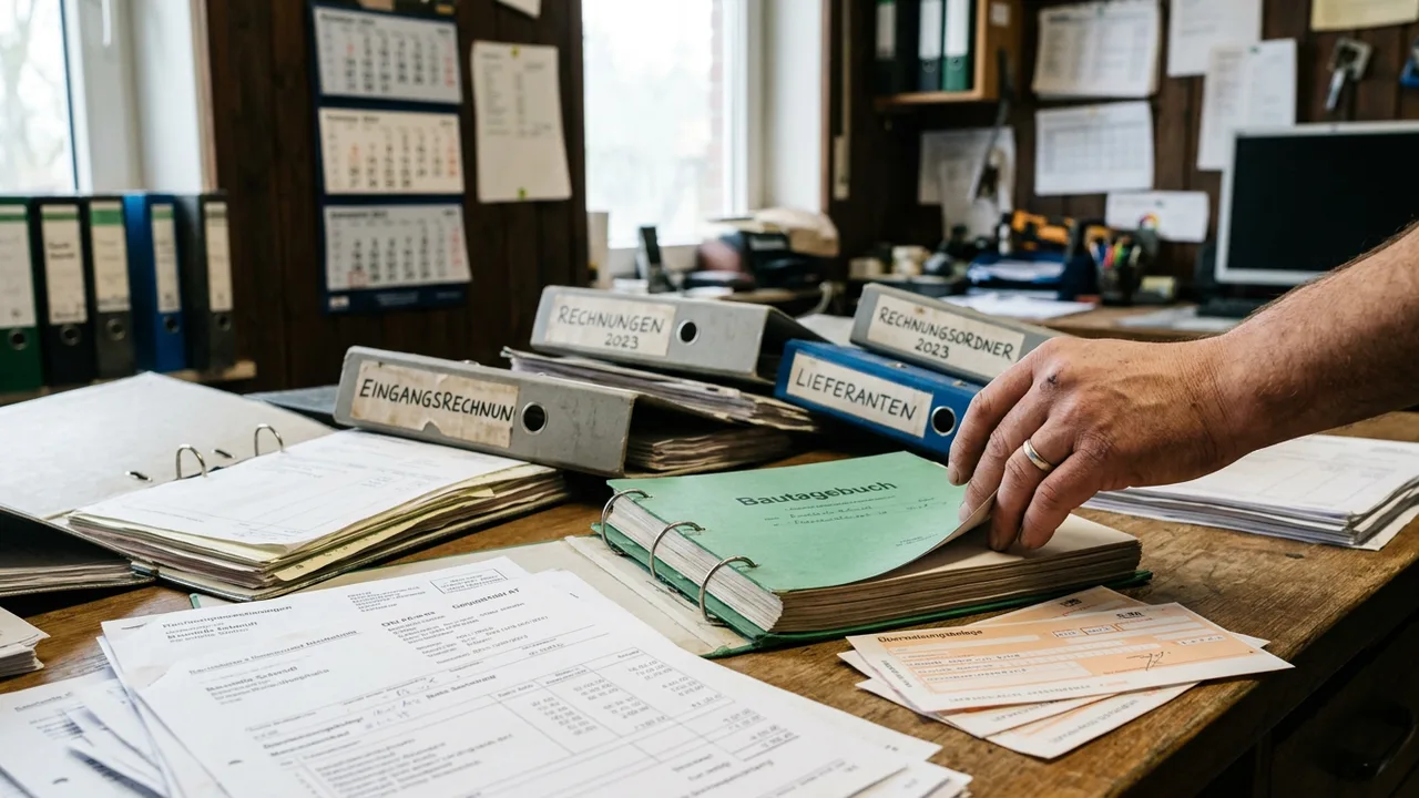 Rechnungsordner und Zahlungsbelege auf dem Schreibtisch eines Handwerksbetriebs zur Dokumentation der Baugeldverwendung