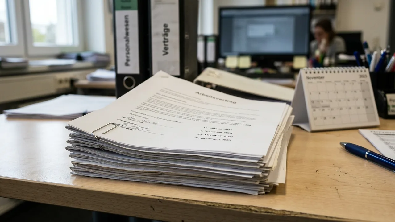 Mehrere zusammengeheftete Arbeitsverträge unterschiedlichen Datums liegen auf einem Schreibtisch.