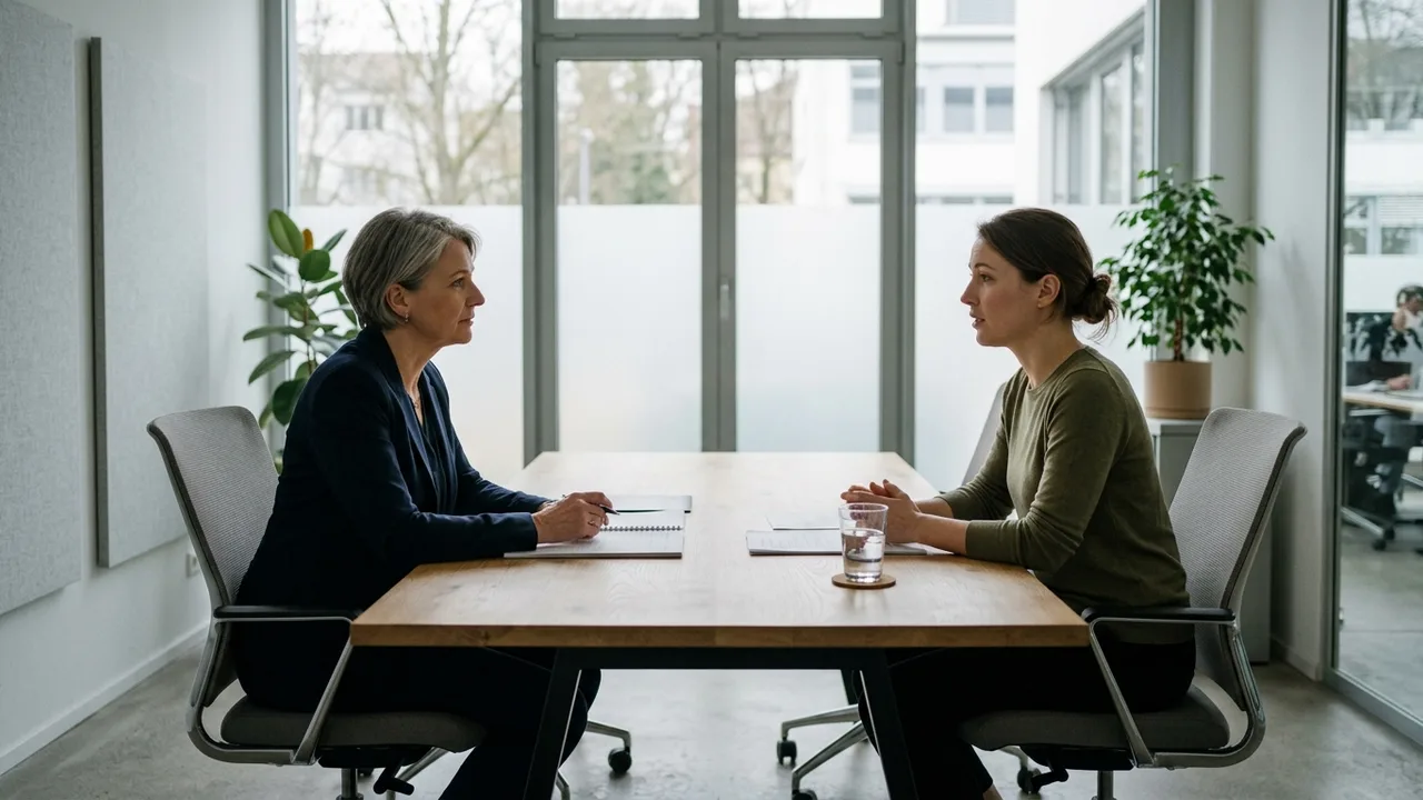 Führungskraft und Mitarbeiterin führen ein vertrauliches Gespräch am Besprechungstisch in einem hellen Büro.