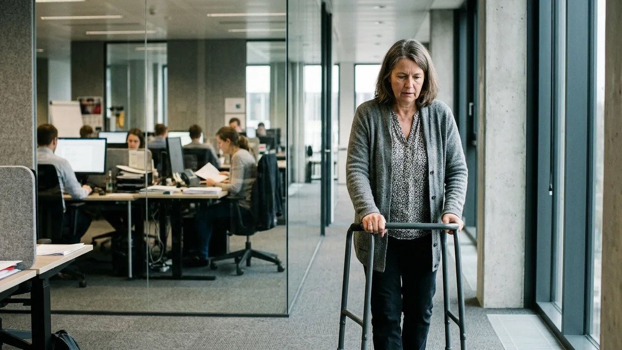 Beschäftigter kehrt schrittweise gestützt an seinen Arbeitsplatz im Büro zurück.