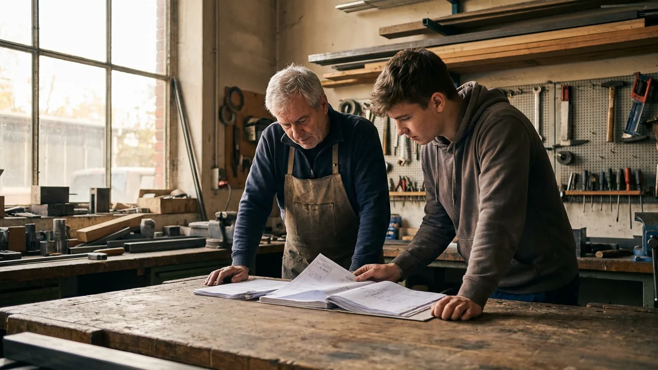 Handwerksmeister und Auszubildender besprechen Unterlagen in einer Werkstatt