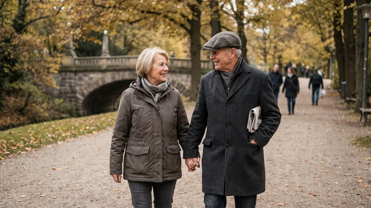 Älteres Paar spaziert entspannt durch einen herbstlichen Park