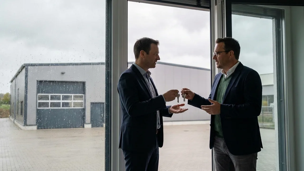 Unternehmer und Maklerin besprechen sich vor einem modernen Gewerbegebäude mit Werkhalle.