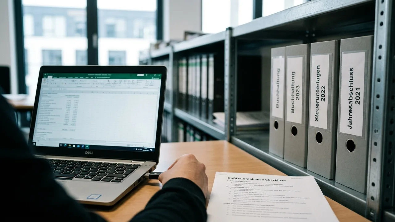 Ein USB-Stick mit Buchhaltungsdaten wird neben einer Checkliste in einen Laptop gesteckt.