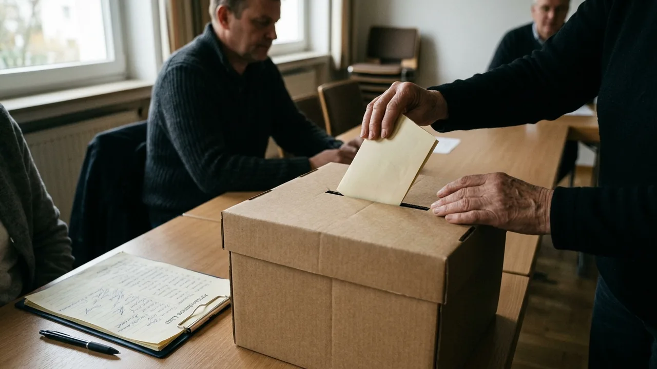 Eine Hand wirft einen gefalteten Stimmzettel in eine Wahlurne aus Pappe.