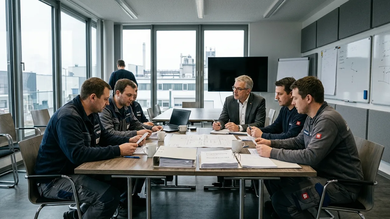 Beschäftigte und Führungskraft sitzen an einem Besprechungstisch in einem deutschen Industriebetrieb zusammen.