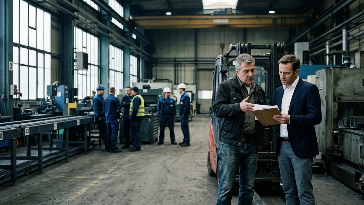 Werksleiter und Berater besprechen in einer Industriehalle Unterlagen vor stillstehenden Maschinen, im Hintergrund wartende Beschäftigte.