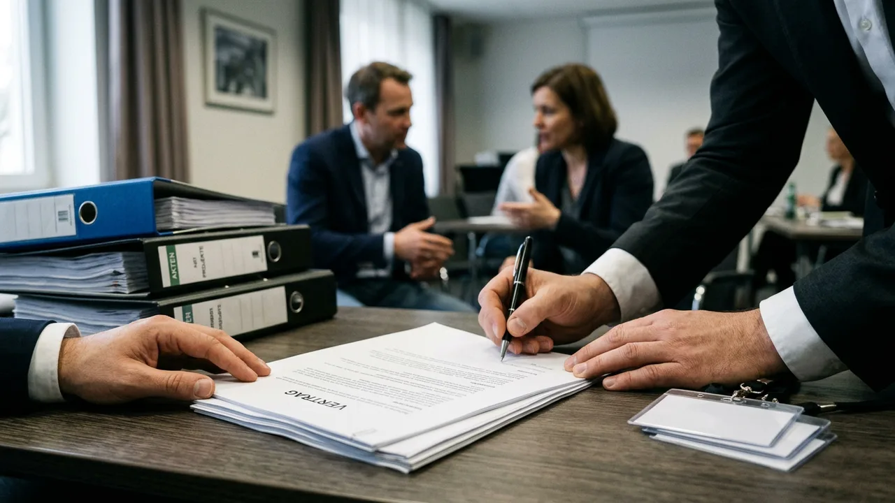 Zwei Personen unterzeichnen an einem Konferenztisch ein Vertragsdokument, im Hintergrund Aktenordner und zwei Gesprächspartner.