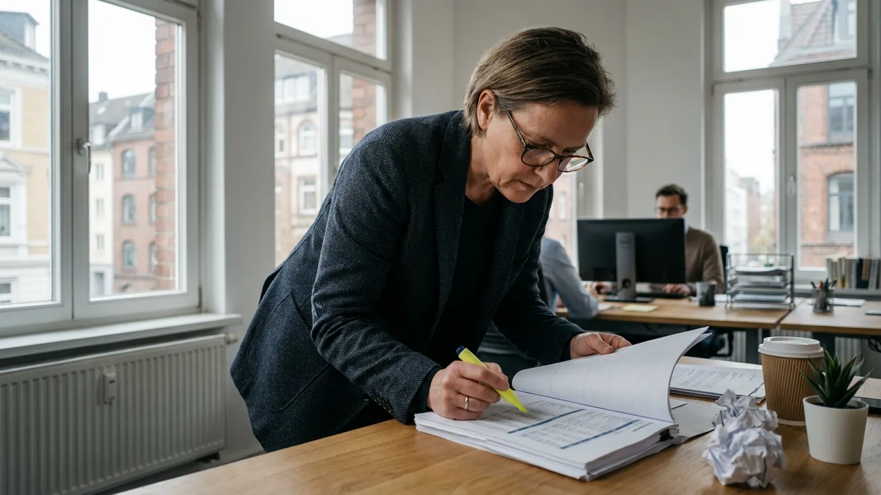 Ein Unternehmer liest gedruckte Jahresabschlussunterlagen mit Textmarker in der Hand.