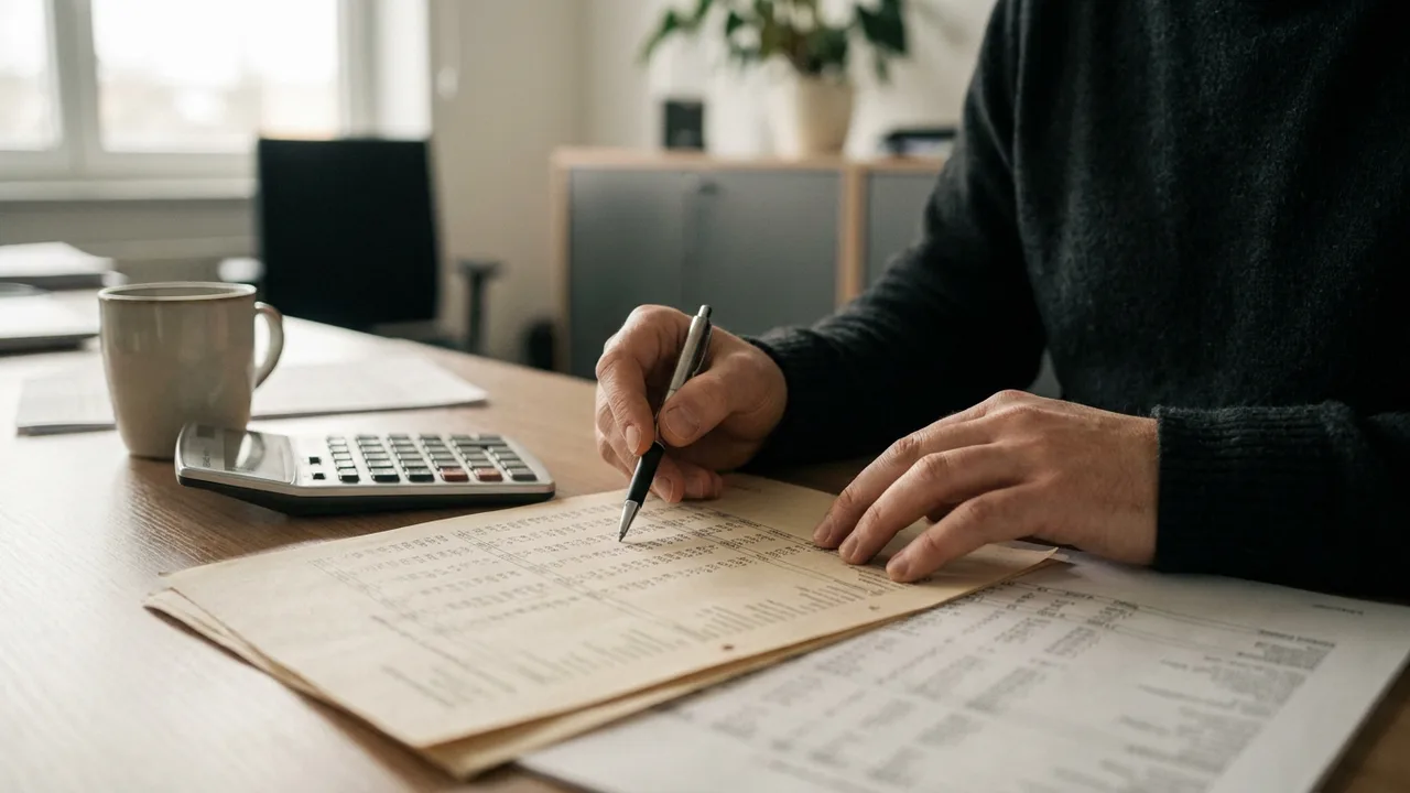 Eine Hand mit Stift zeigt auf Zahlenkolonnen in gedruckten Finanzunterlagen.