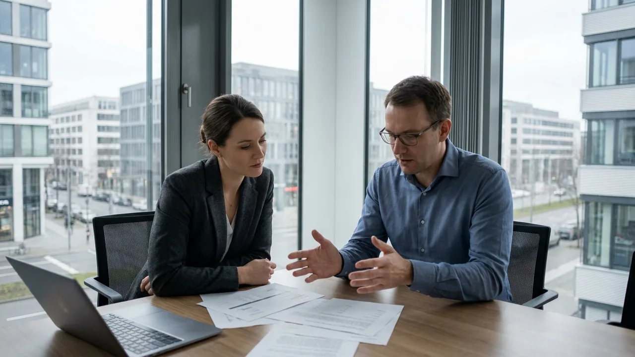 Zwei Geschäftsleute besprechen Unterlagen in einem Besprechungsraum.