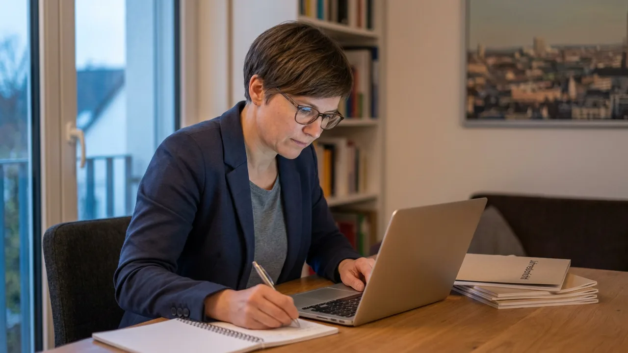 Eine Frau macht sich am Laptop handschriftliche Notizen zu Geschäftsberichten.