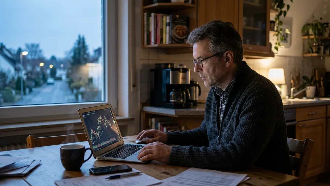 Ein Anleger sitzt am Küchentisch vor einem Laptop mit Kursverläufen im Morgenlicht.