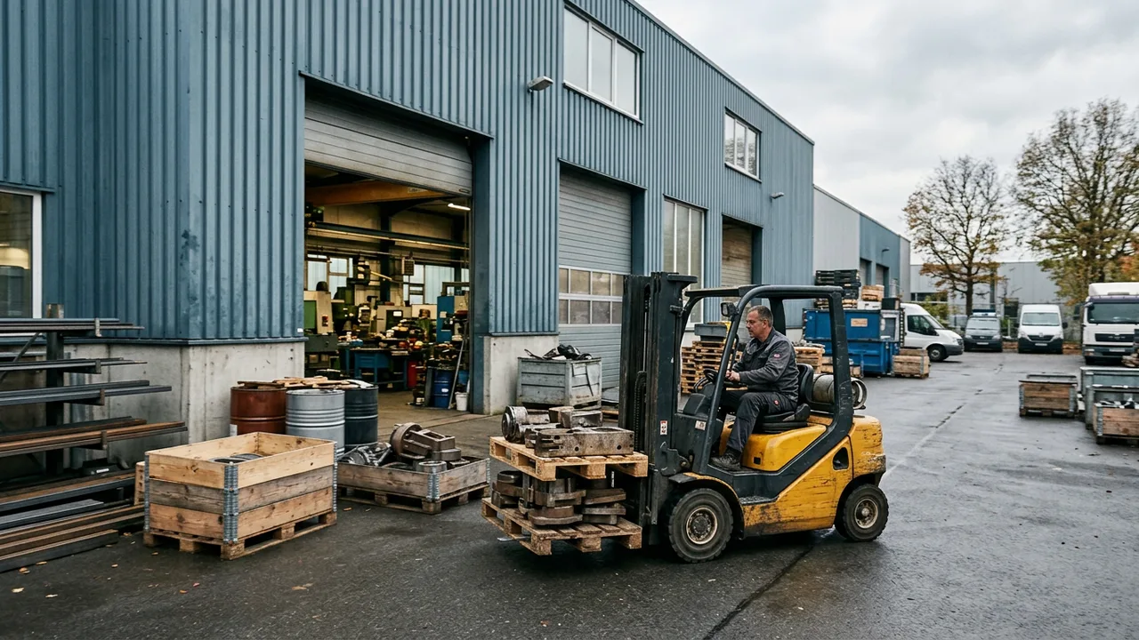Ein Gabelstapler bewegt Materialpaletten vor einer mittelständischen Fertigungshalle.