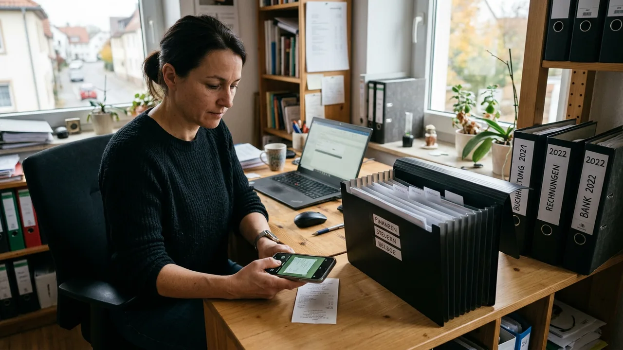 Ein Smartphone scannt einen Papierbeleg auf einem Schreibtisch neben einem fast leeren Belegordner.