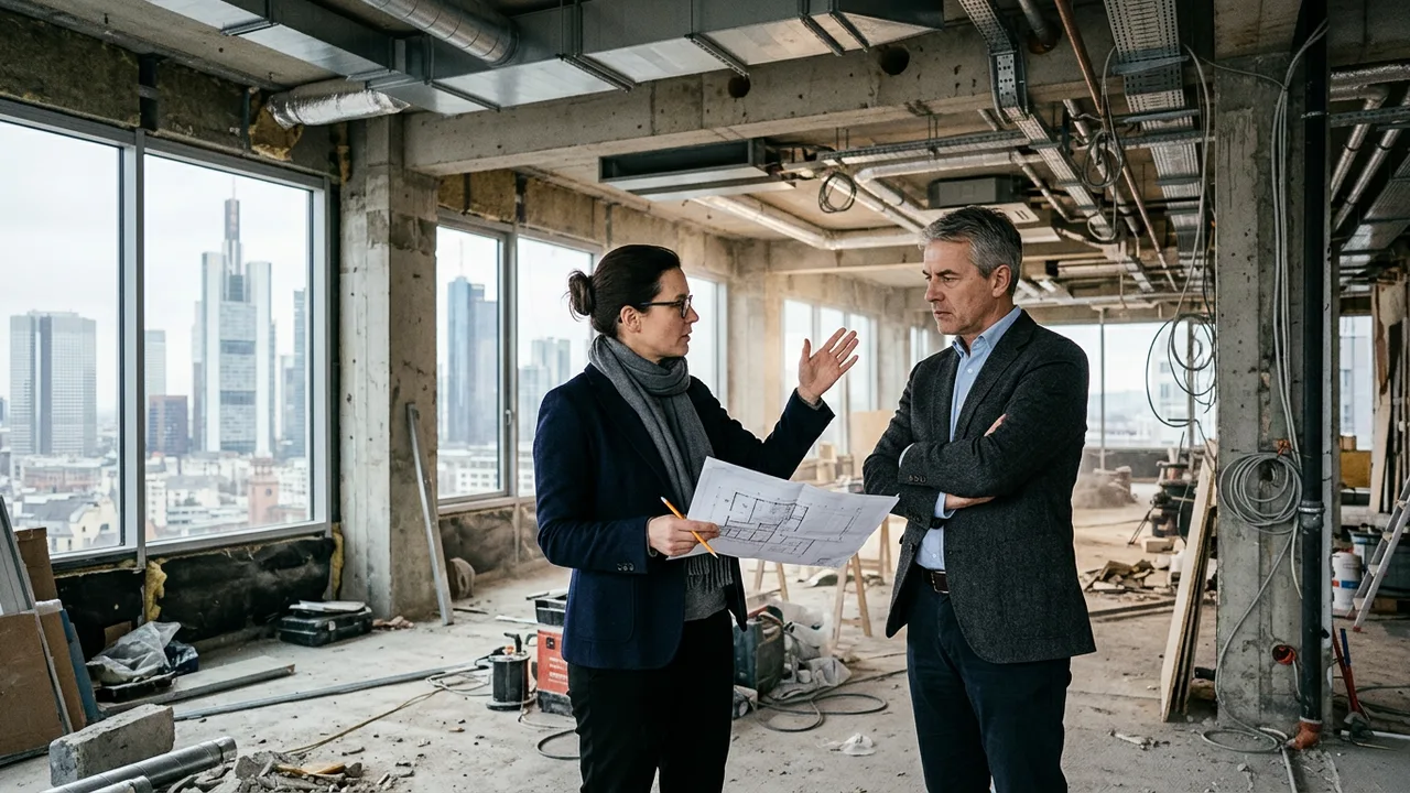 Architekt und Investor besprechen in einem entkernten Bürogeschoss eine Umnutzung.