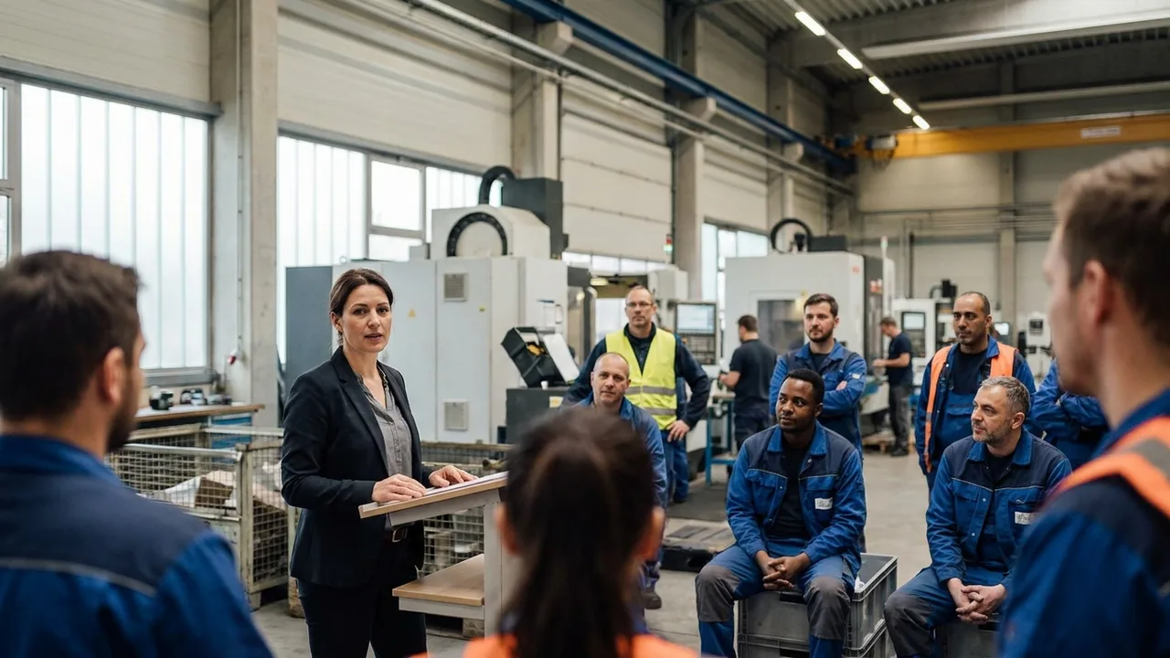 Geschäftsführer spricht vor versammelter Belegschaft in der Produktionshalle