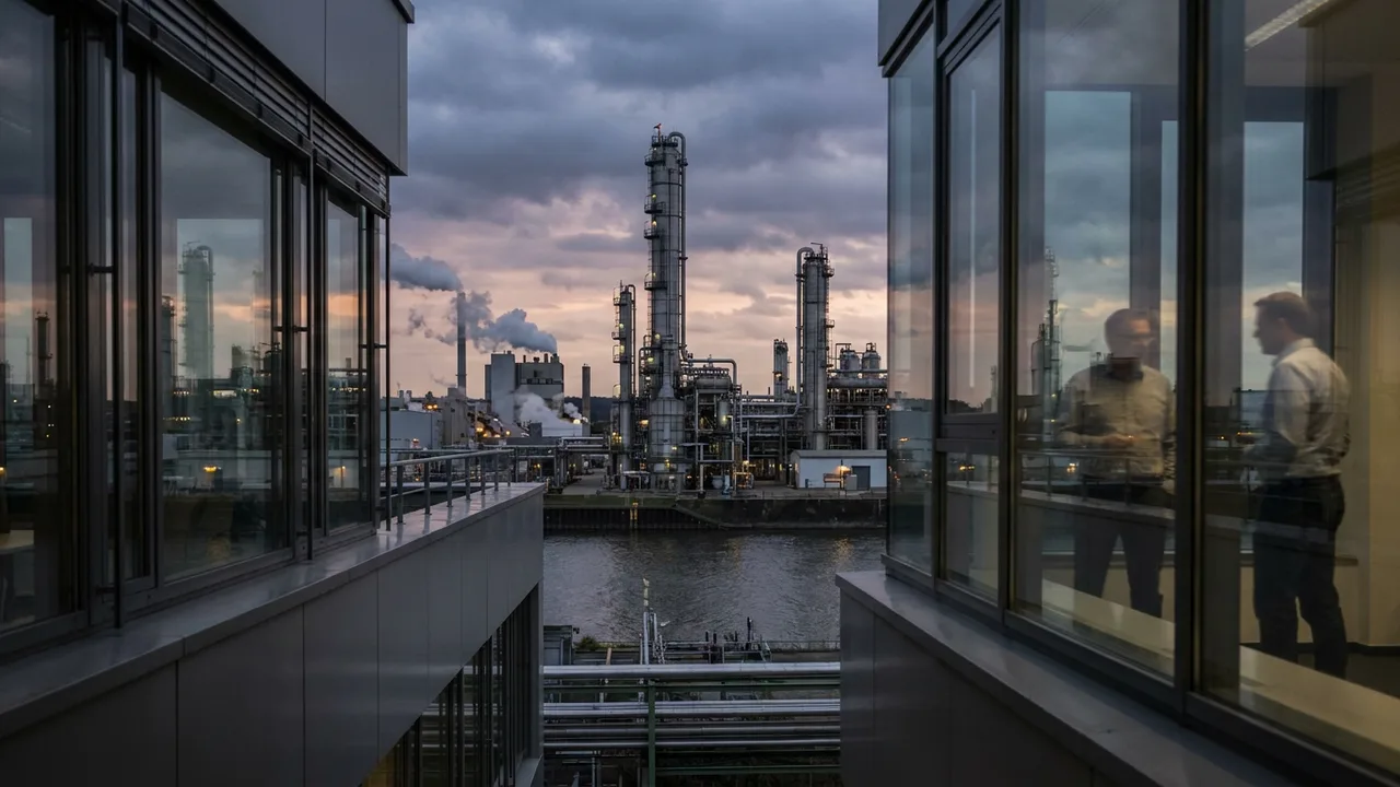 Chemiepark mit Rohrleitungen und Kolonnen in der Abenddämmerung
