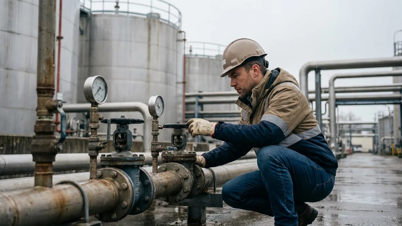Ingenieurin kontrolliert Armaturen in einer Chemieanlage