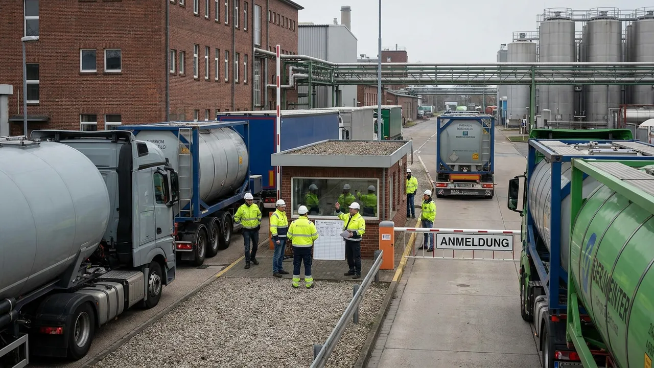 Tankcontainer und Lkw an der Logistikpforte eines Chemiestandorts